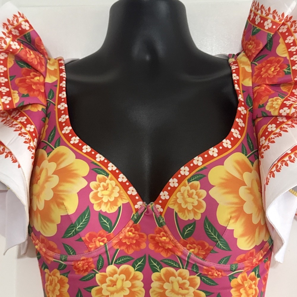 Flawmaker Ruffled Floral Vibrant Colors One Piece Swimsuit No Size See Measure - Picture 3 of 12